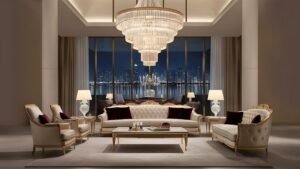 Luxury living room designed by leading interior design companies in Dubai, featuring elegant decor and modern aesthetics.